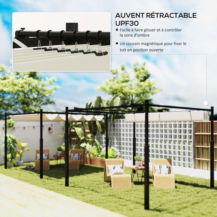 Pergola de jardin exterieur - Outsunny - 3 x 3 m - toit rétractable et fixation magnétique - abri soleil UPF30+ - crème